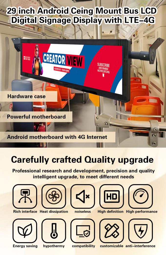 29 дюймовый растянутый столб потолок монтаж автобуса Wifi цифровые вывески Android беспроводная сеть цифровой ЖК-монитор с опцией 4G 0